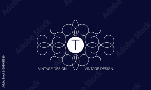 Luxury vector logo or icon design with letter T in the center and space for text. Illustration of a trendy frame, good for fashion boutique, company brand, label.