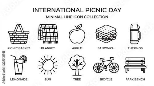 International picnic day minimal line icons for outdoor leisure