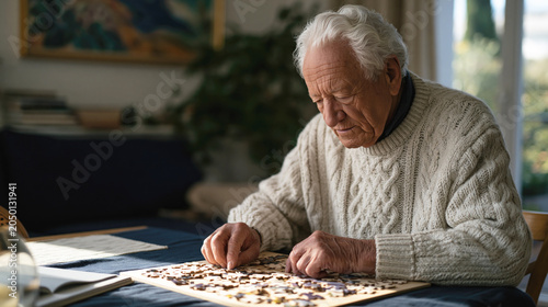 Elderly European man with Alzheimer’s sits at table assembling wooden jigsaw puzzle, shown in side view during calm cognitive therapy activity.