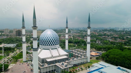Aerial view of Sultan Salahuddin Abdul Aziz Shah Mosque, also known as the Blue Mosque, in Shah Alam, Selangor, Malaysia.