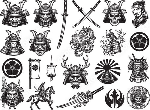 A collection of various samurai helmets, swords, and symbolic illustrations.