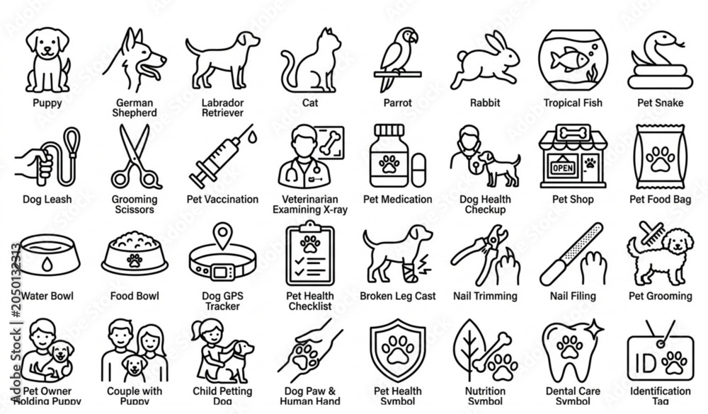 Fototapeta premium Pet Care and Veterinary Outline Icons Set with Editable Strokes Vector EPS10