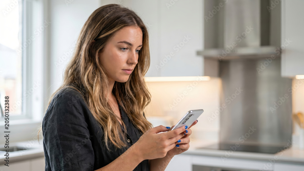 Fototapeta premium Young woman focused on her smartphone in a bright, modern home kitchen.