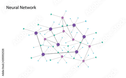 Futuristic neural network illustration with connected nodes and data pathways in purple and teal colors. Artificial intelligence, machine learning, deep learning, big data, and technology concept.