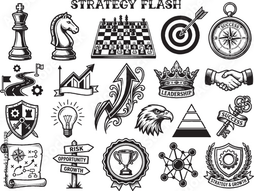 Business strategy icons including chess pieces and graphs on a white background