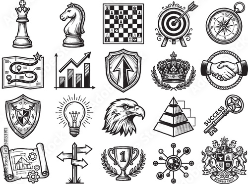 Black and white illustrations of various symbols and icons arranged in rows on a plain surface
