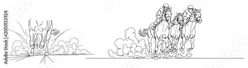 Foto Horse racing jockeys riding horses through dust in continuous line art style