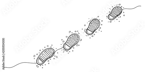 Bootprints on surface following a path drawn in continuous line art style
