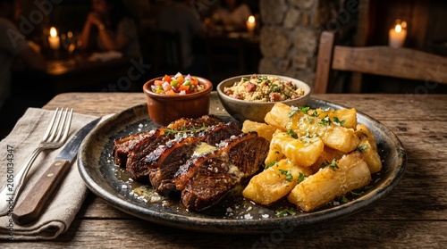 Picanha steak with fried cassava, farofa, and vinaigrette sauce