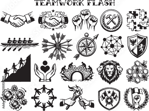 Black and white graphic illustrations of teamwork related symbols and logos on white background
