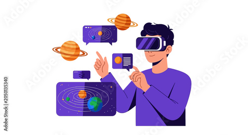 Young Man Using VR Headset for Educational Space Exploration and Solar System Learning Vector Illustration