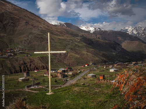 The cross of Worship on the mountain. The Georgian military road.