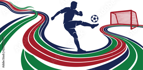 Foto Soccer player kicking ball illustration with dynamic colorful motion lines, ener
