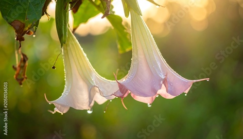 A close-up photograph of three white trumpet-shaped flowers with pink centers hanging from a branch with green leaves against a blurred green background with sunlight