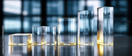 glass containers in varying sizes on reflective surface