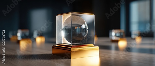 glass cube with glowing reflections on glossy surface