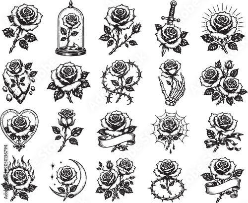 A collection of various rose tattoos and illustrations on white background with different designs and symbols.