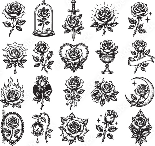 A collection of black and white line drawings of various roses and rose-related illustrations are shown on a plain surface.
