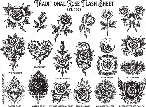 Various tattoo designs featuring roses and hearts are displayed on a flash sheet.