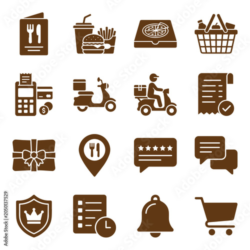 Quadro su tela Food delivery and restaurant online ordering icon set with delivery, restaurant