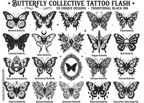 A collection of traditional black ink tattoo designs featuring various butterfly illustrations on a white background.