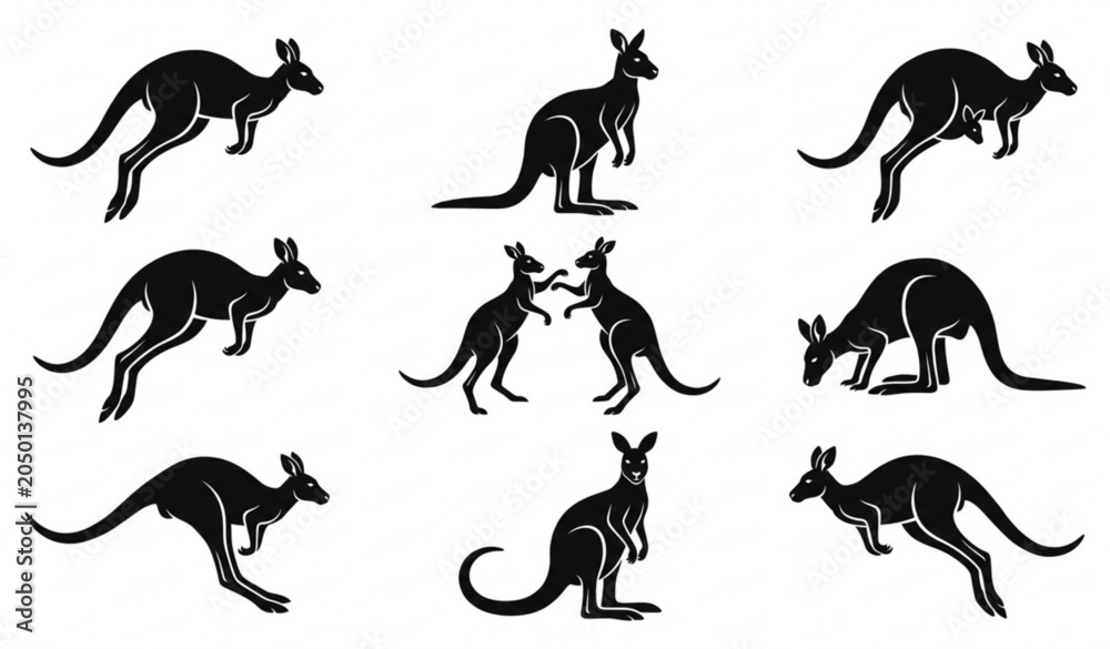 Obraz premium Kangaroo Movement Silhouette Vector Wildlife Animal Set
