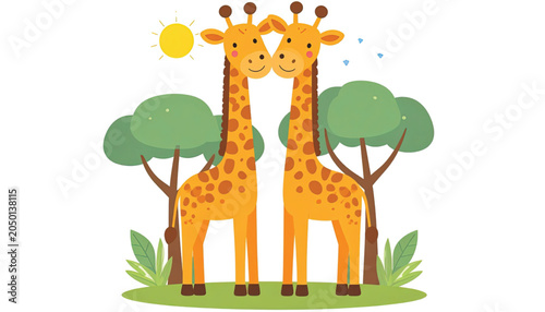 Two Cute Giraffes Standing Together.