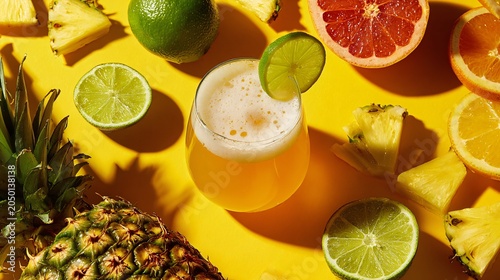 A vibrant flat lay of beer surrounded by tropical fruits like pineapple chunks and citrus slices on a bright yellow background