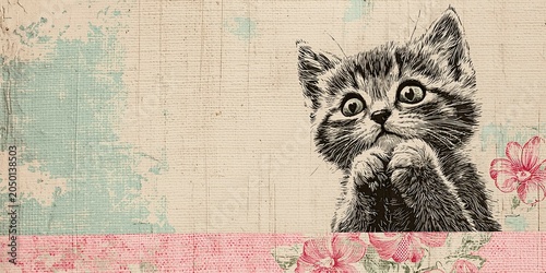 Cute kitten looking surprised with floral background in pastel colors  