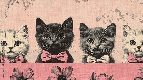 Four kittens wearing bow ties against a pink floral background Concept of Kitsch Kittens  