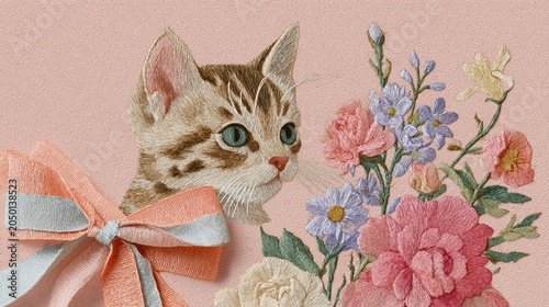 Cat with floral bouquet and ribbon on pastel background, Kitsch Kittens  
