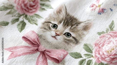 Cute kitten face with pink bow and floral embroidery design  