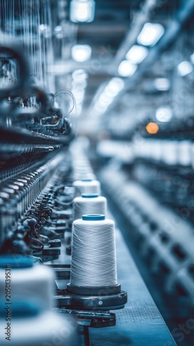 Industrial textile factory interior with rows of white thread spools on spinning machines.