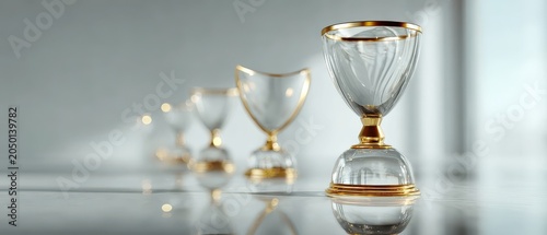 glass goblets with gold trim on a reflective surface