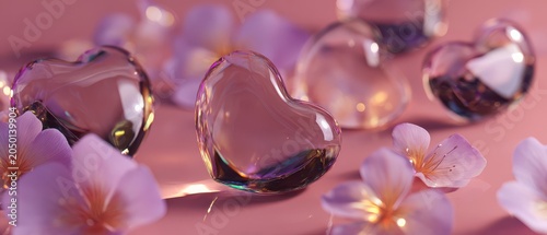 glass hearts with reflections among soft flowers in bokeh