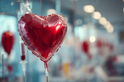 Red heart balloon beside IV line in hospital celebrating World Blood Donor Day and lifesaving giving