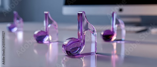 glass musical notes with purple reflections on a reflective