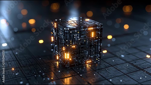 Illuminated cubic device with circuit patterns and orange lights on dark grid surface