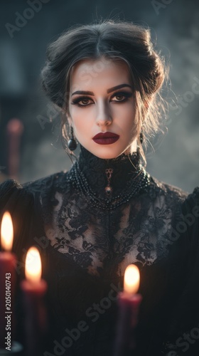 Gothic woman portrait with dark makeup candles