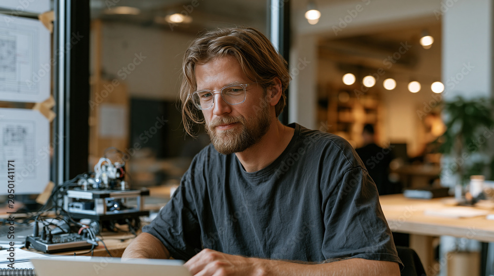 Fototapeta premium Robotics engineer in prototype laboratory programming edge AI vision system mounted on small mobile platform, wiring diagram taped to workbench beside soldering equipment,