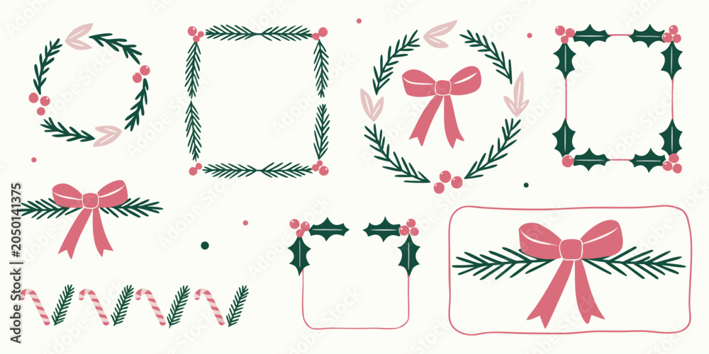 Obraz premium Christmas pine needle wreath and frame collection with pink bows and berries