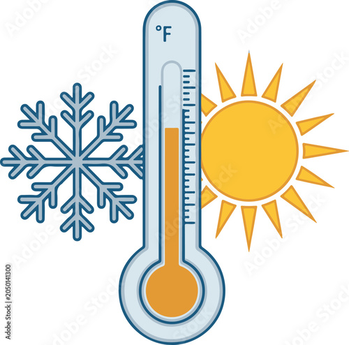 Weather thermometer with sun and snowflake icons for hot and cold temperature