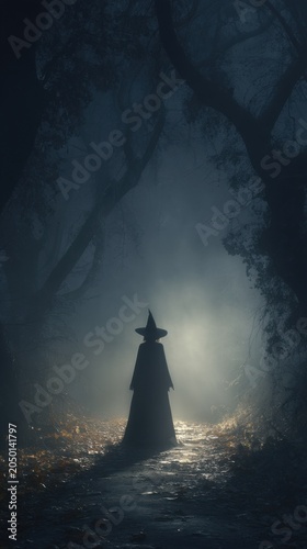 Mysterious Witch Silhouette in Dark Forest Path