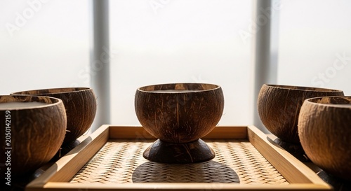 Wooden bowls arranged on a woven tray indoors on a table