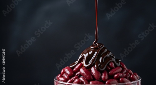 Chocolate sauce is being poured over a bowl of red beans in a dessert preparation scene at home with a focus on Food and Drink items on a table indoors.