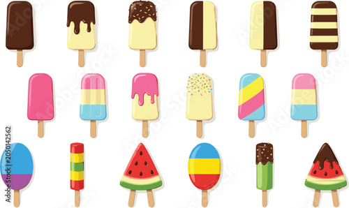 Foto Delicious ice cream popsicle vector illustration set featuring chocolate dipped