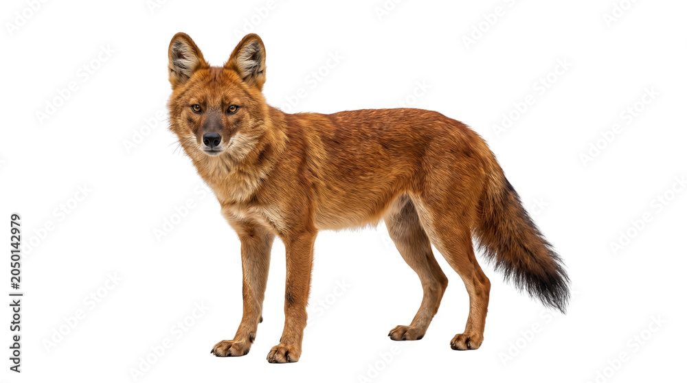 Obraz premium Dhole wild dog standing alert on transparent background, canine animal portrait.