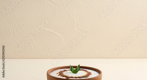 A bowl of Soto Ayam broth is served in a wooden bowl on a table with a leaf on top.