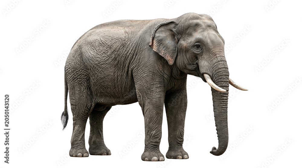 Obraz premium Majestic adult asian elephant with large tusks and trunk isolated on checkered background.