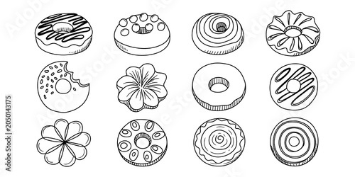 Fotografía Set of twelve hand drawn donut icons with various toppings and glaze